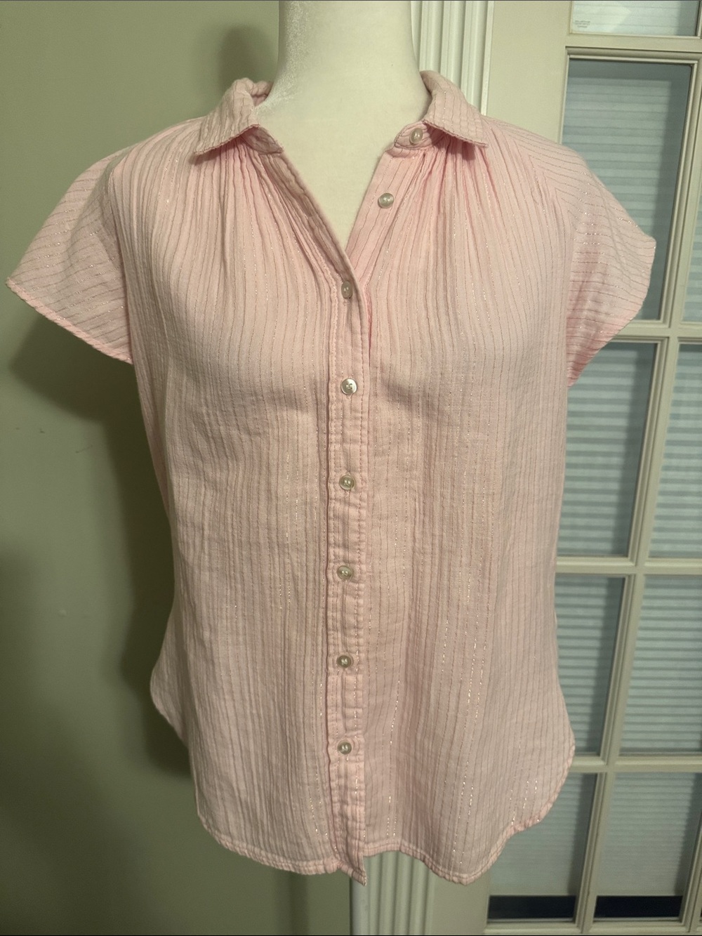 GAP Pink Crinkle Gauze Metallic Stripe Top